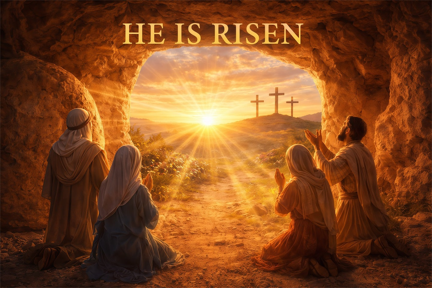 He Is Risen Backdrop Resurrection Light Cross Cave Easter Backdrop Photography LXX61-129
