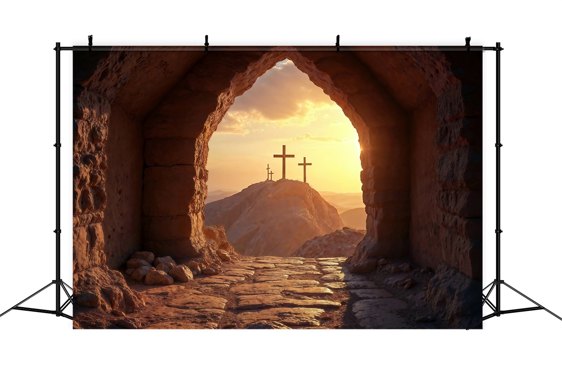 Religious Easter Backdrop Sunset Cross He Is Risen Easter Backdrop For Pictures LXX61-134