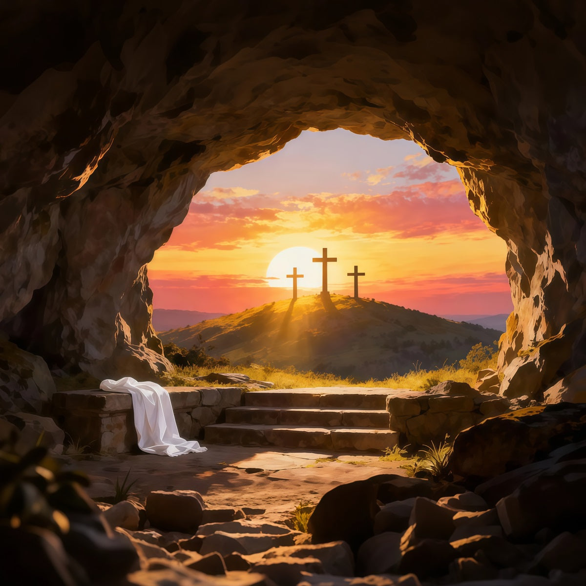 Religious Easter Backdrop He Is Risen Empty Tomb Easter Backdrop For Photos LXX61-137