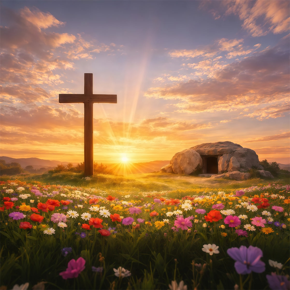 He Is Risen Backdrop Cross Tomb Flower Field Easter Photography Backdrops LXX61-141