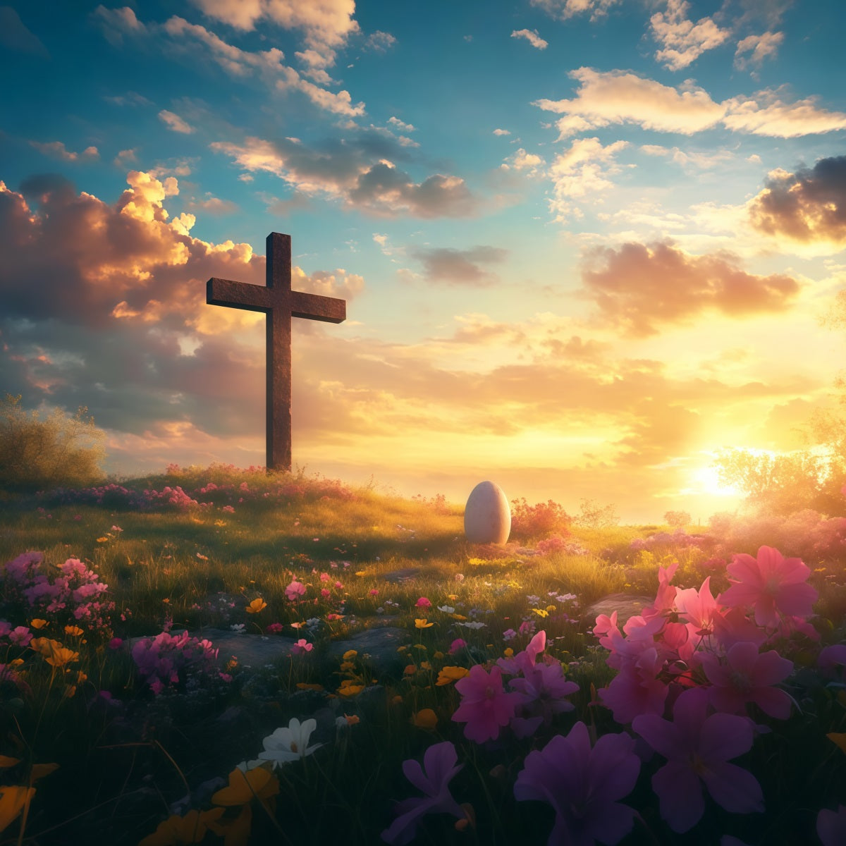 Christian Easter Backdrop He Is Risen Cross Meadow Easter Backdrop For Photography LXX61-142
