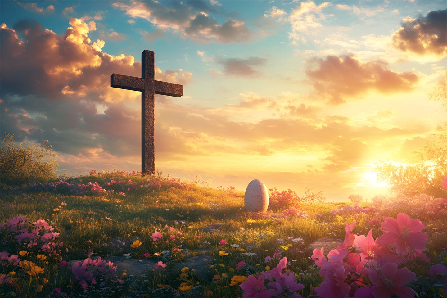 Christian Easter Backdrop He Is Risen Cross Meadow Easter Backdrop For Photography LXX61-142