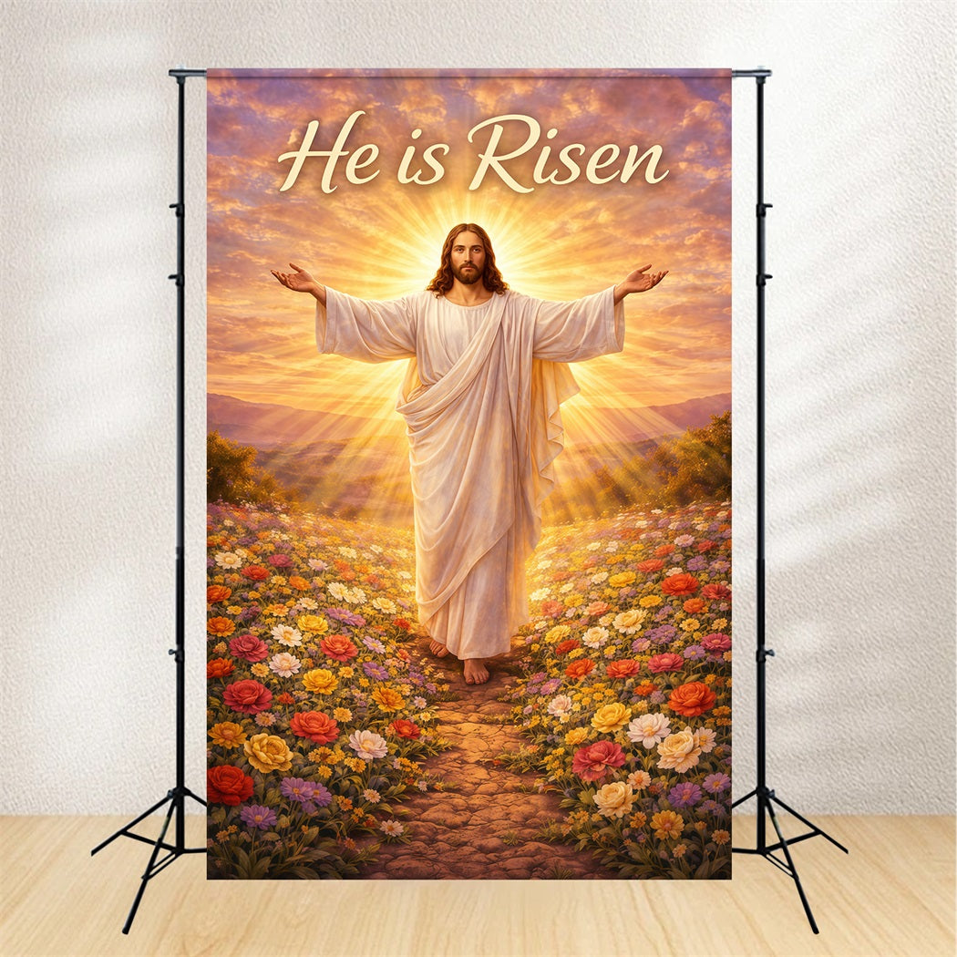 He Is Risen Backdrop Christ Holy Light Flowers Easter Backdrops For Photos LXX61-143