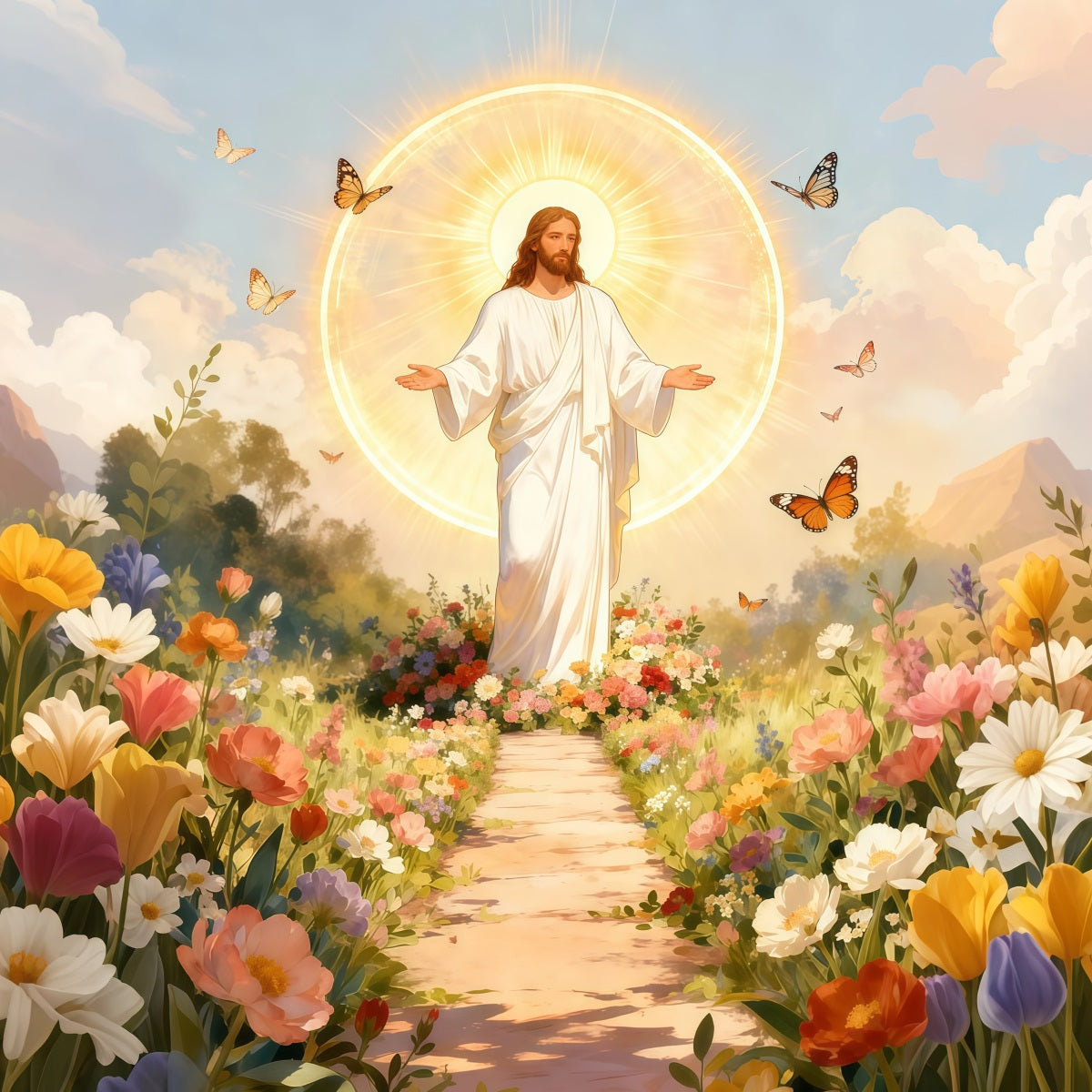 Christian Easter Backdrop He Is Risen Butterfly Bloom Easter Photo Backdrops LXX61-147