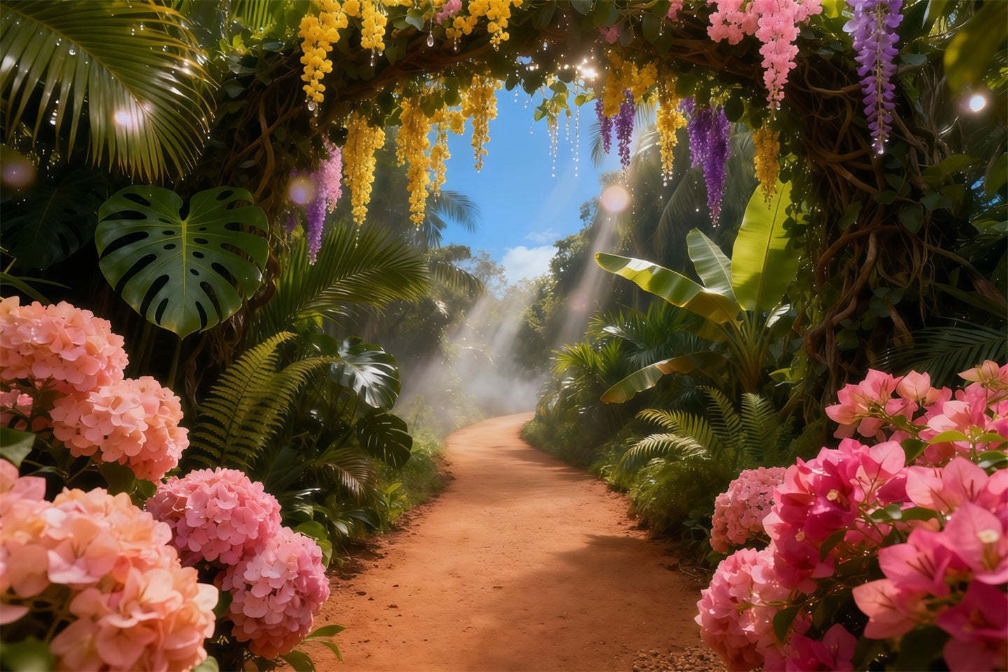 Garden Backdrop Sunlit Tropical Floral Path Spring Photo Backdrop LXX61-152