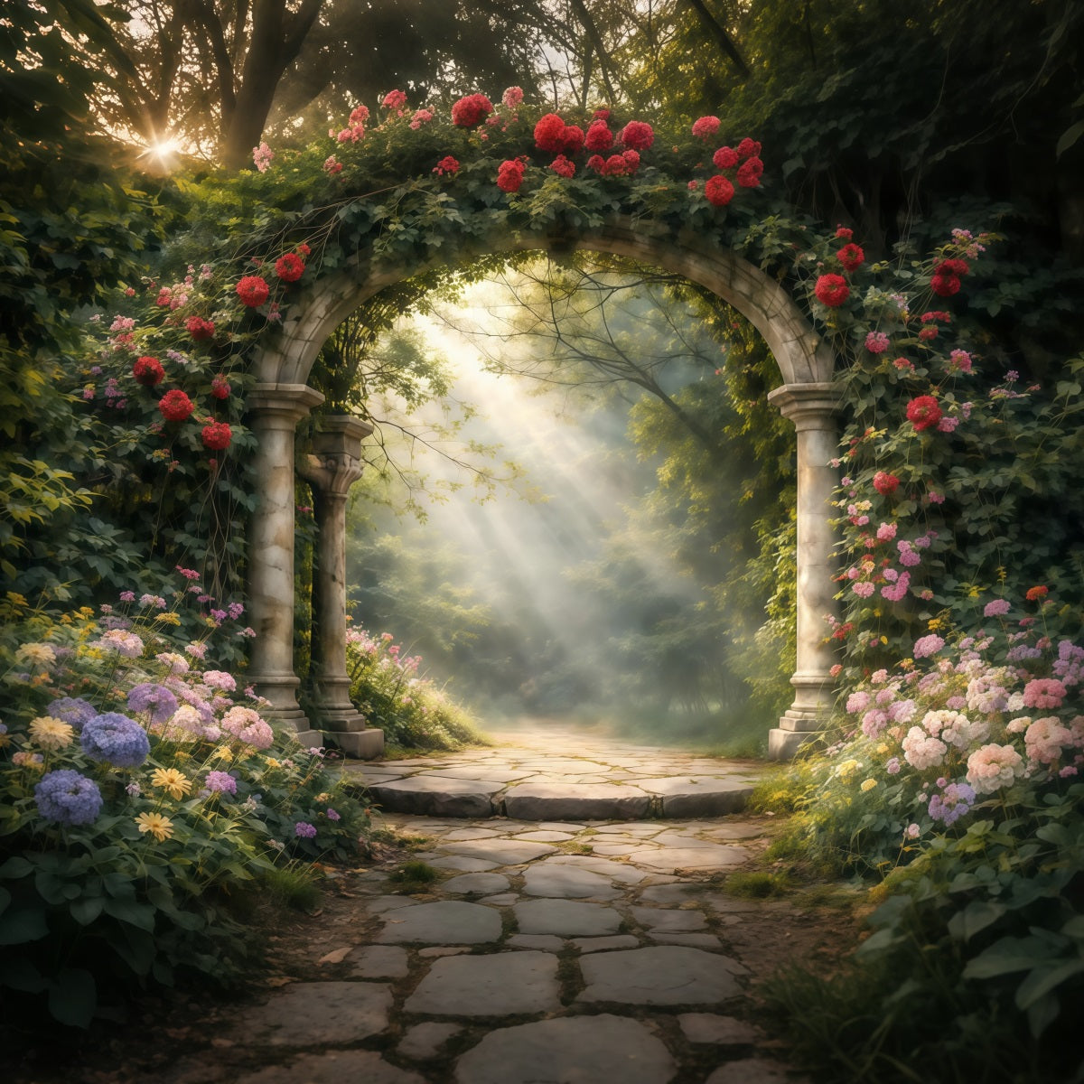 Enchanted Garden Backdrop Romantic Stone Arch Wildflowers Spring Backdrops LXX61-154
