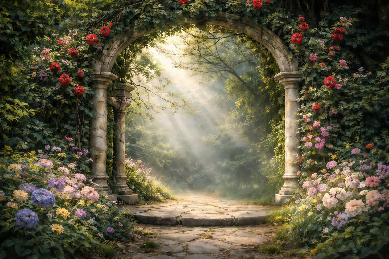 Enchanted Garden Backdrop Romantic Stone Arch Wildflowers Spring Backdrops LXX61-154