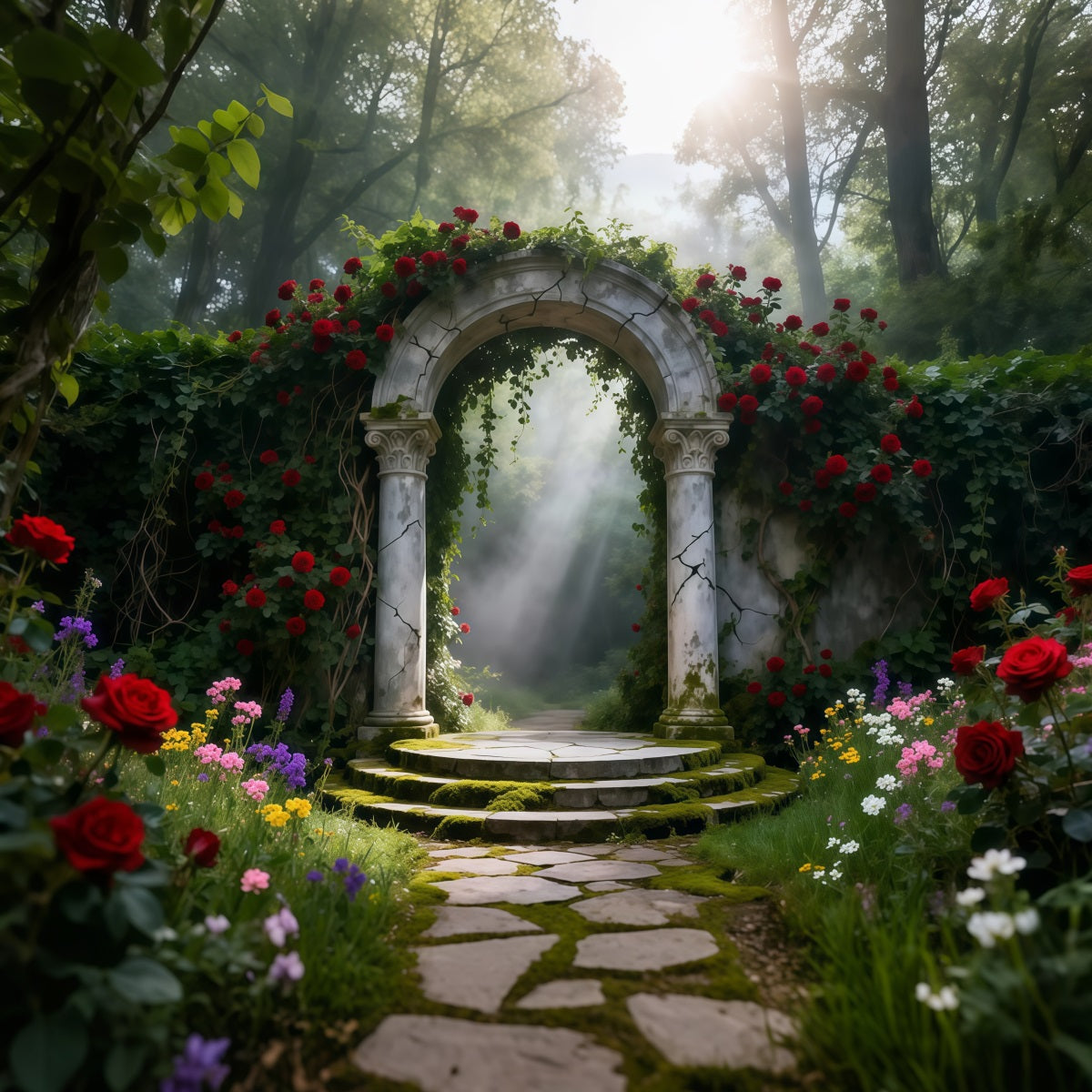 Enchanted Garden Backdrop Rose Garden Stone Arch Light Spring Backdrops LXX61-155