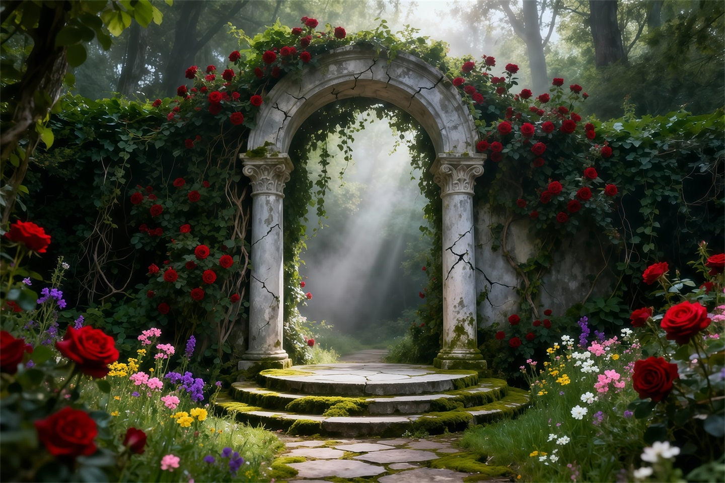 Enchanted Garden Backdrop Rose Garden Stone Arch Light Spring Backdrops LXX61-155
