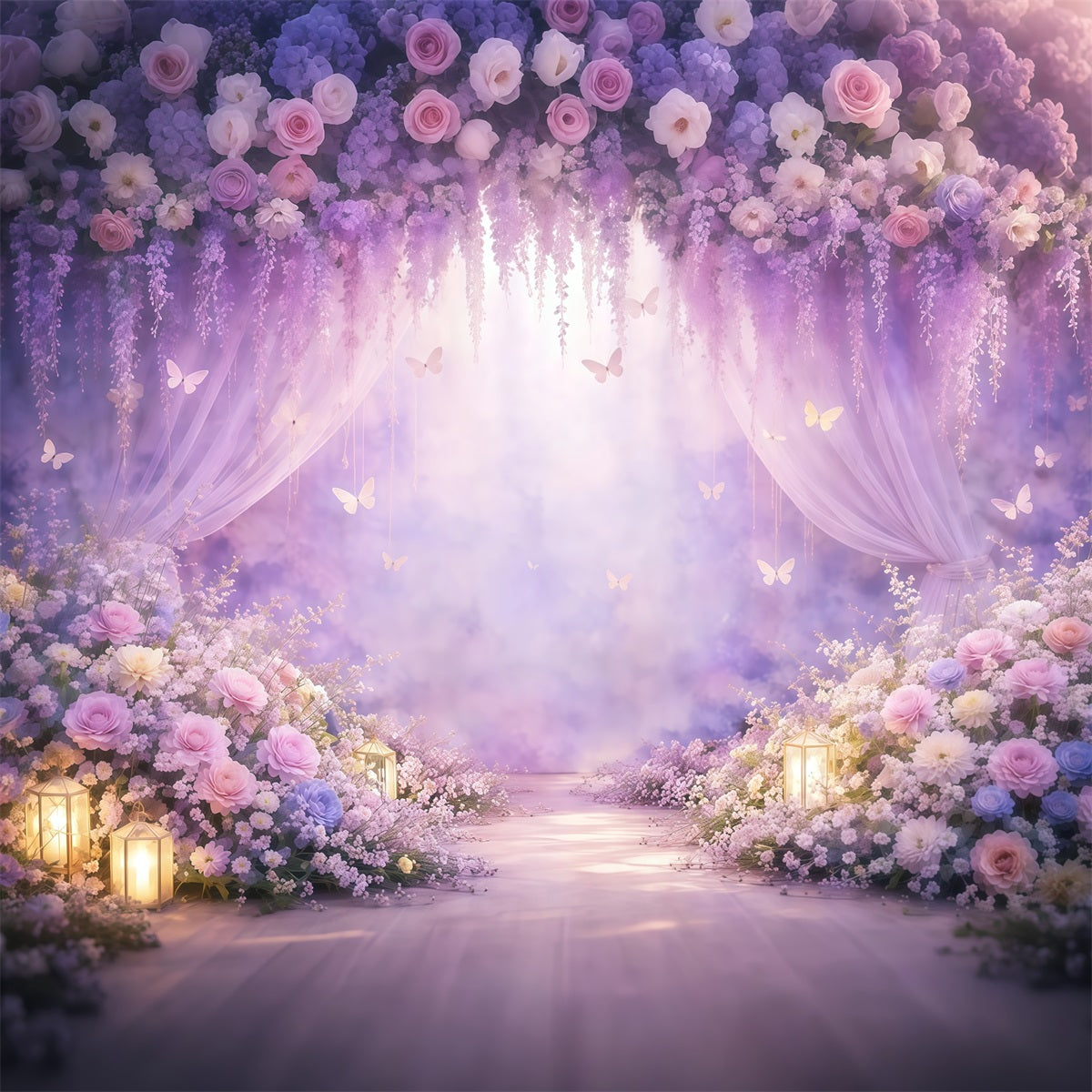Butterfly Photo Backdrop Lavender Floral Purple Drape Spring Photo Backdrops LXX61-158