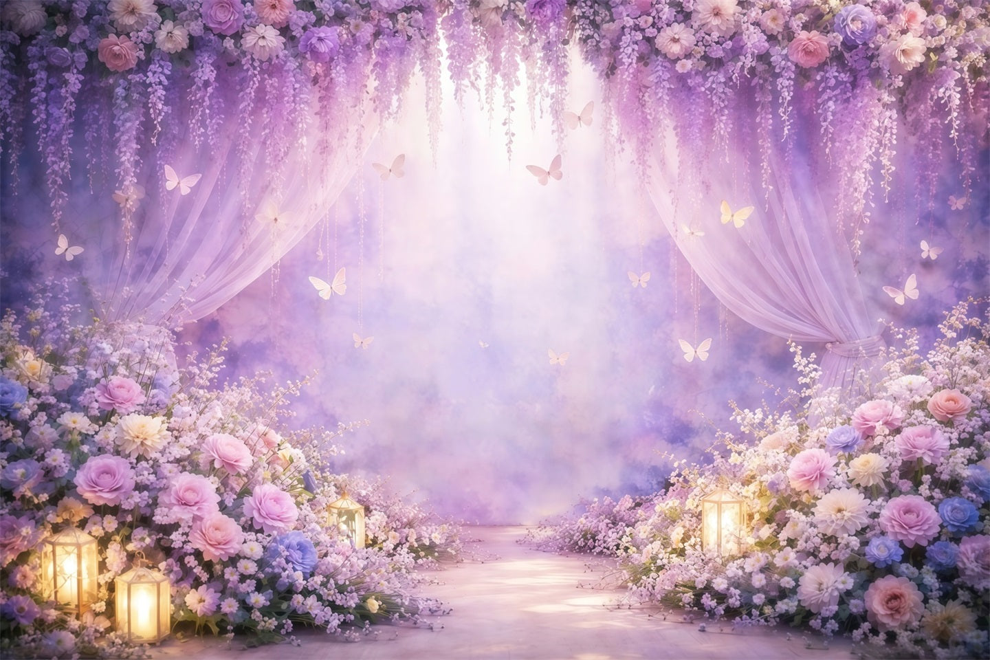 Butterfly Photo Backdrop Lavender Floral Purple Drape Spring Photo Backdrops LXX61-158