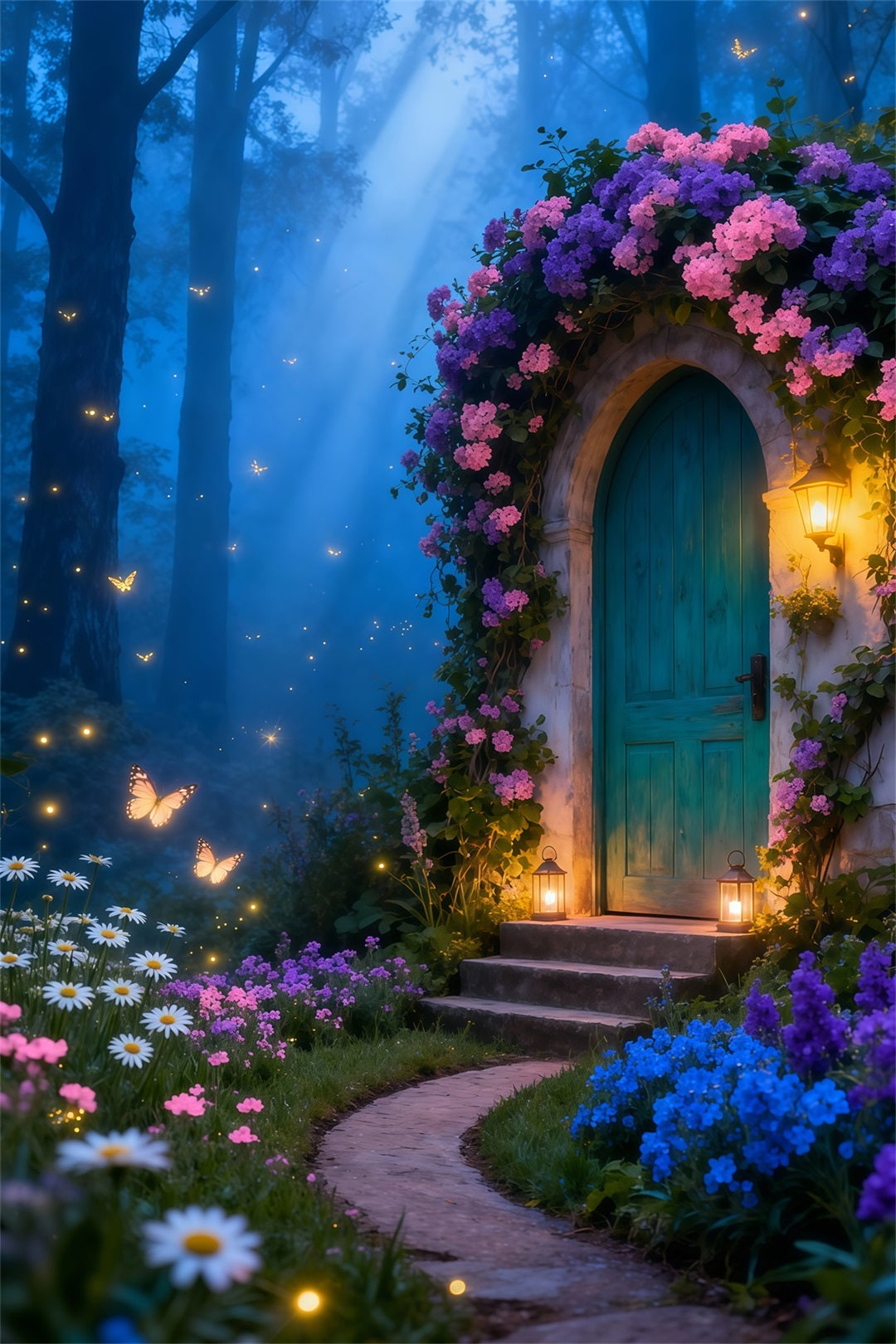 Butterfly Backdrop For Photoshoot Enchanted Cottage Lantern Glow Spring Photography Backdrops LXX61-159