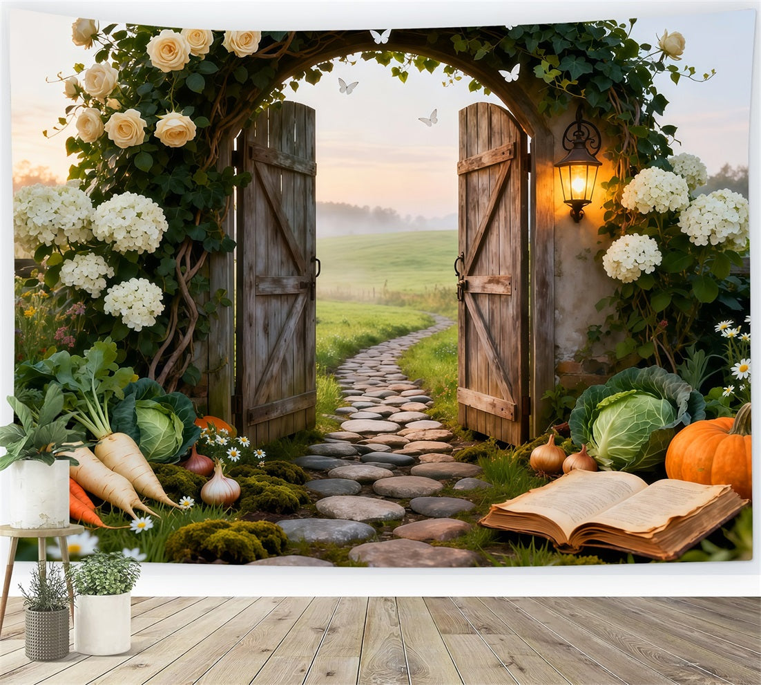 Garden Backdrop For Photoshoot Rustic Farm Gate Sunrise Meadow Spring Backdrop For Pictures LXX61-164