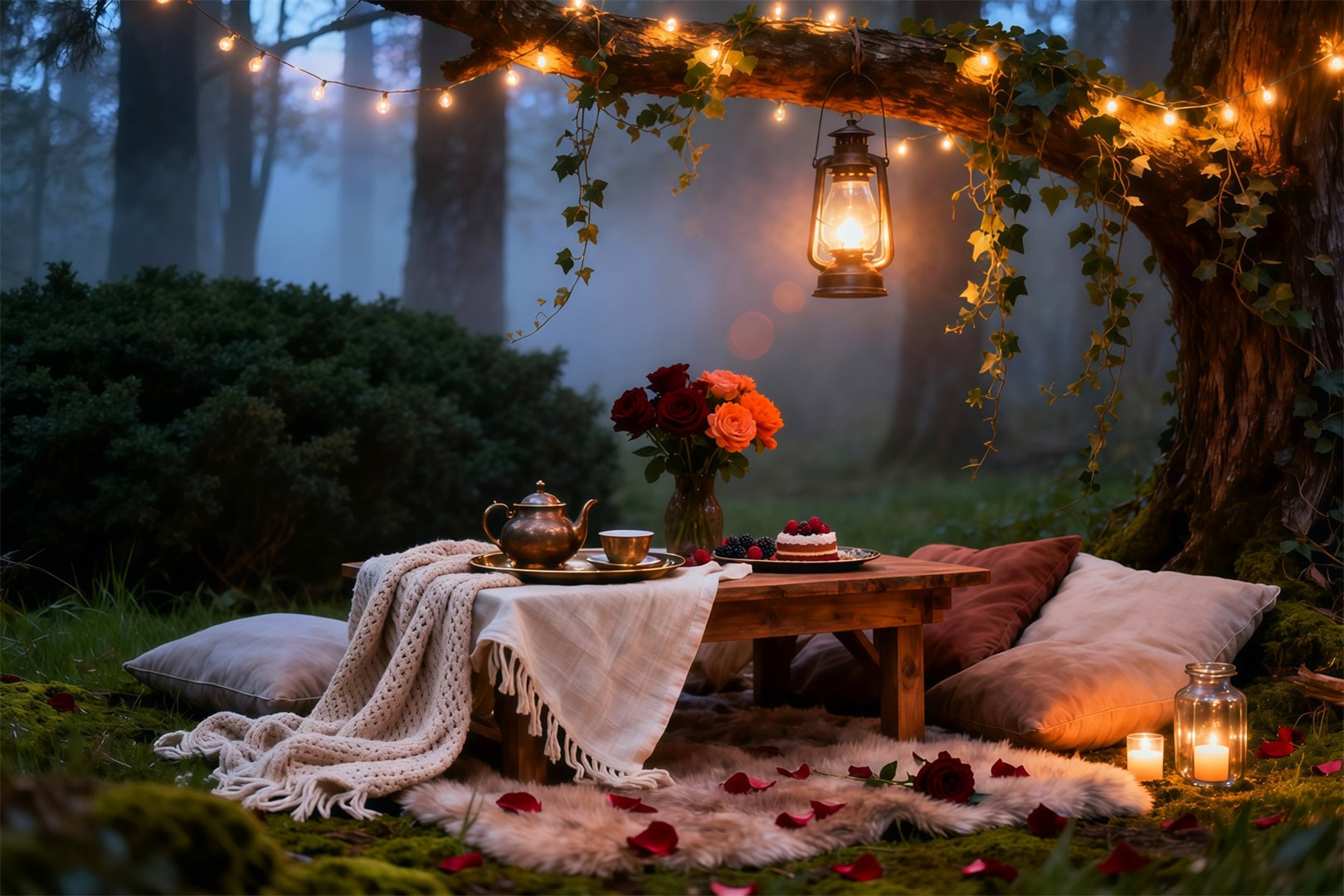 Picnic Backdrop Enchanted Forest Night Lantern Spring Photo Backdrop Ideas LXX61-166