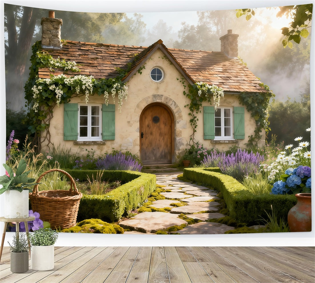 English Garden Backdrop Rustic Cottage Stone Path Spring Photography Backdrop LXX61-168