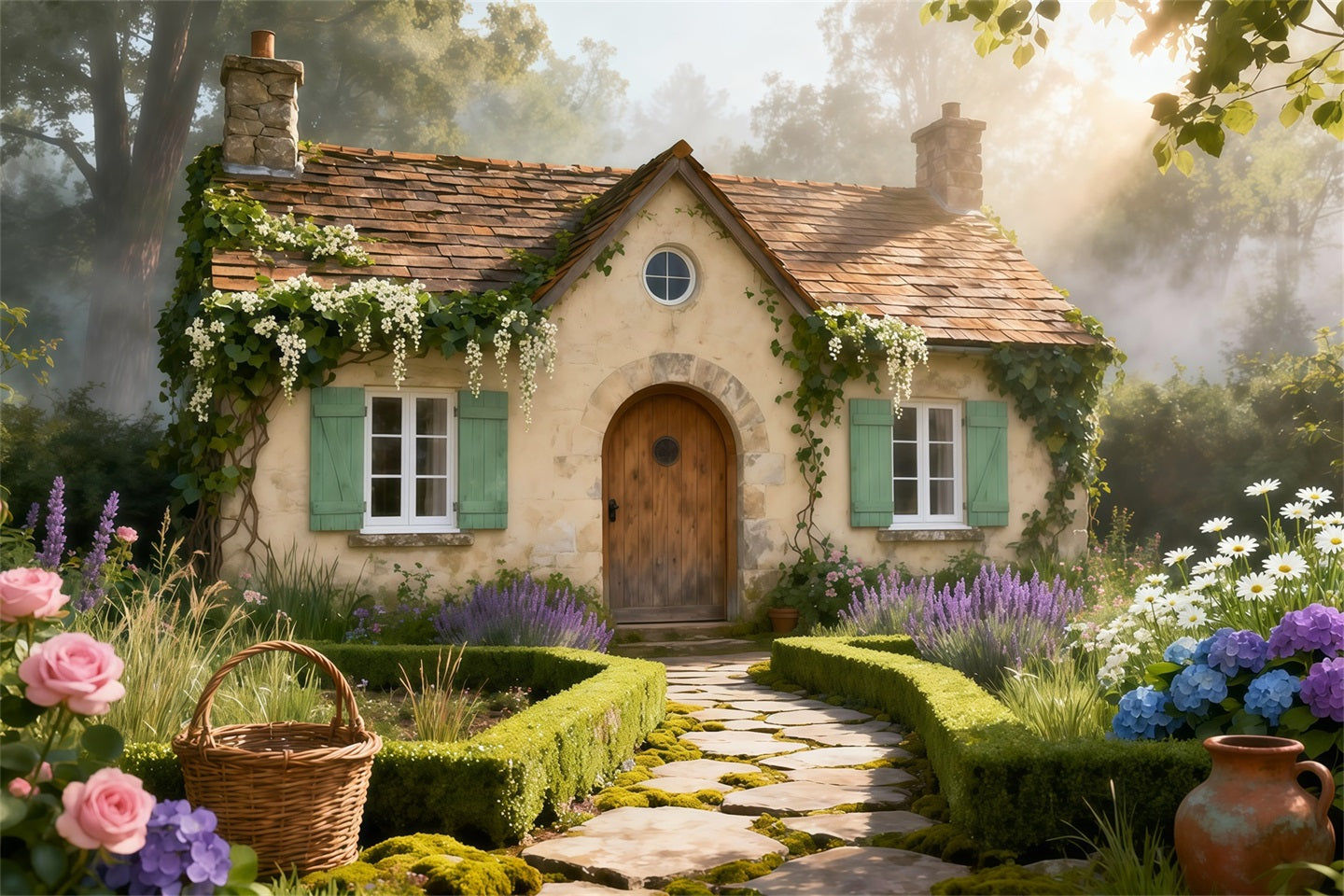 English Garden Backdrop Rustic Cottage Stone Path Spring Photography Backdrop LXX61-168