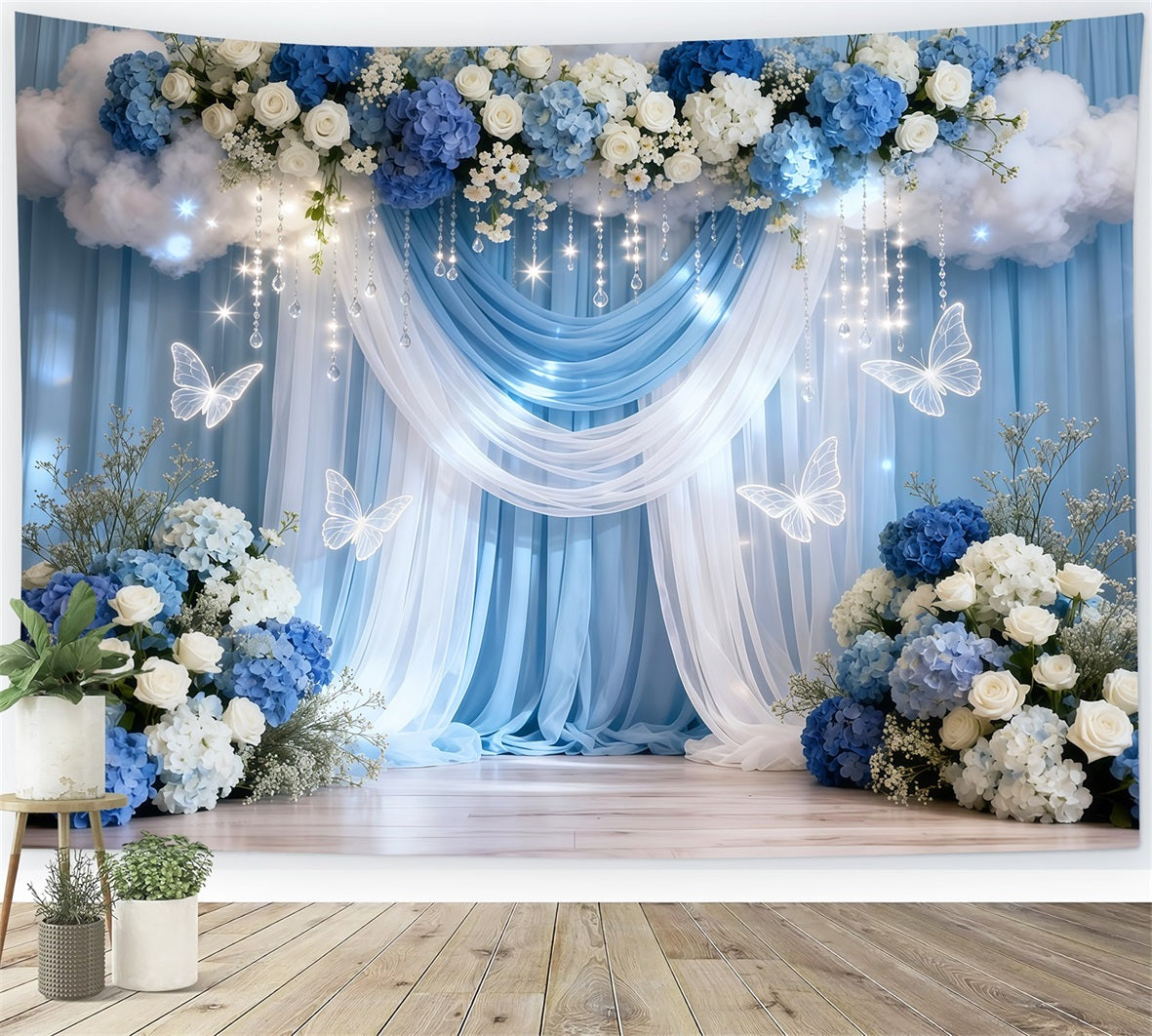 Butterflies Backdrop Blue White Drape Cloud Flower Springtime Backdrop LXX61-169