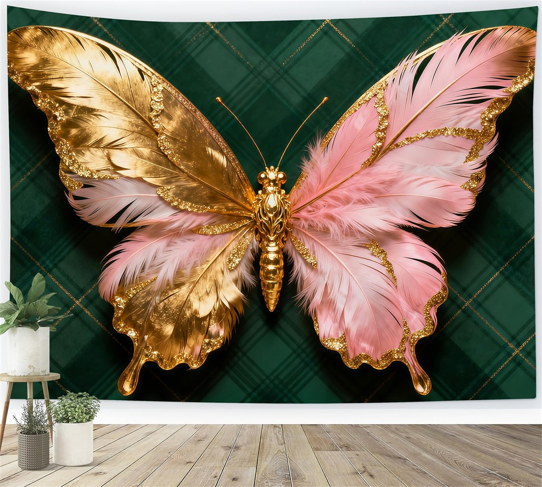 Butterfly Wings Backdrop Golden Pink Feather Emblem Spring Picture Backdrop LXX61-174
