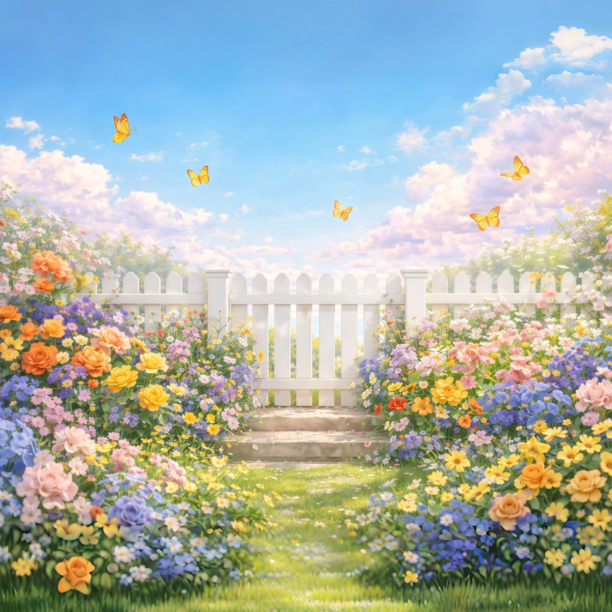 Wildflower Backdrop White Fence Garden Butterfly Floral Photo Backdrop LXX61-179