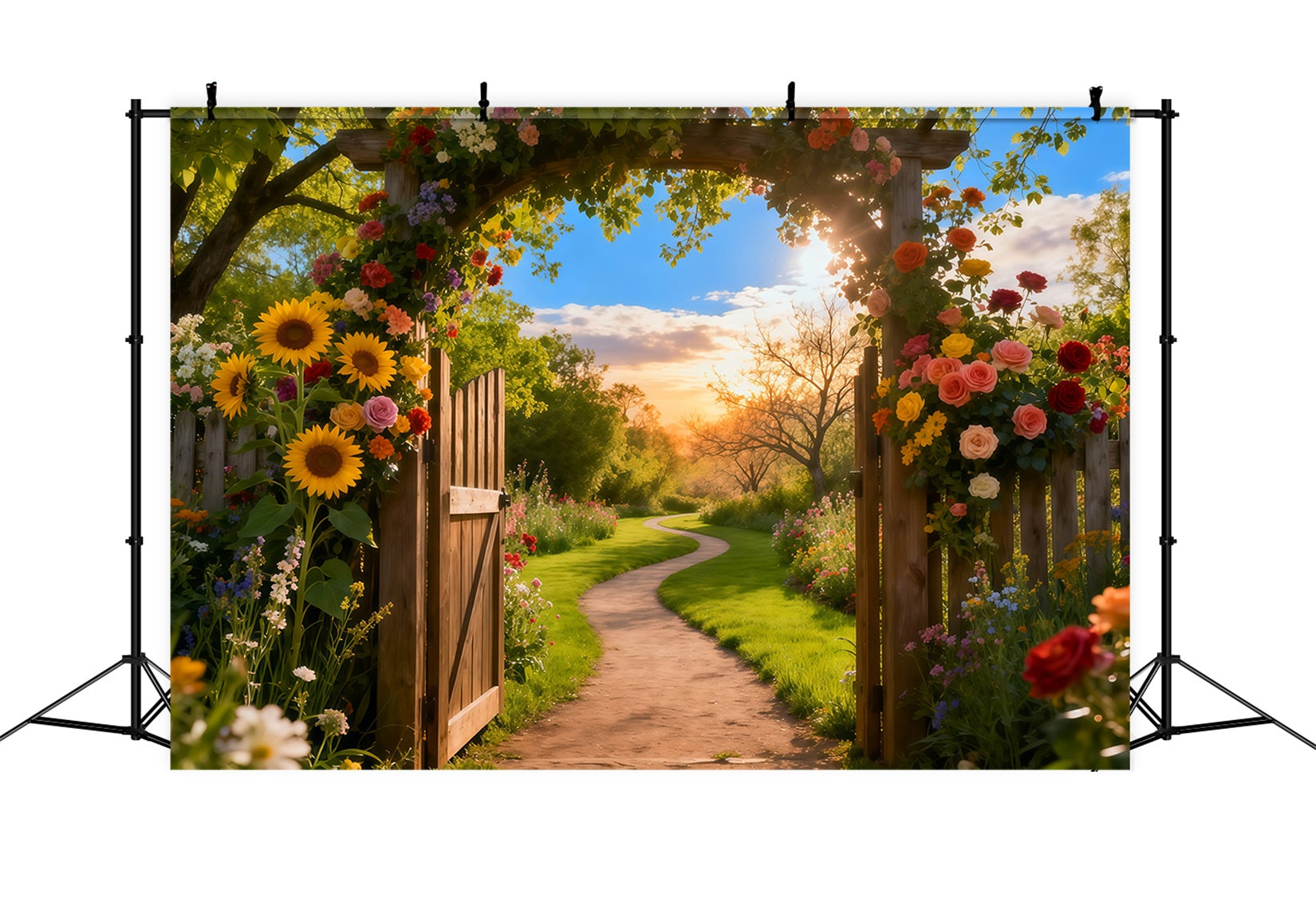Garden Photo Backdrop Sunset Rustic Arch Door Pathway Floral Backdrops LXX61-180