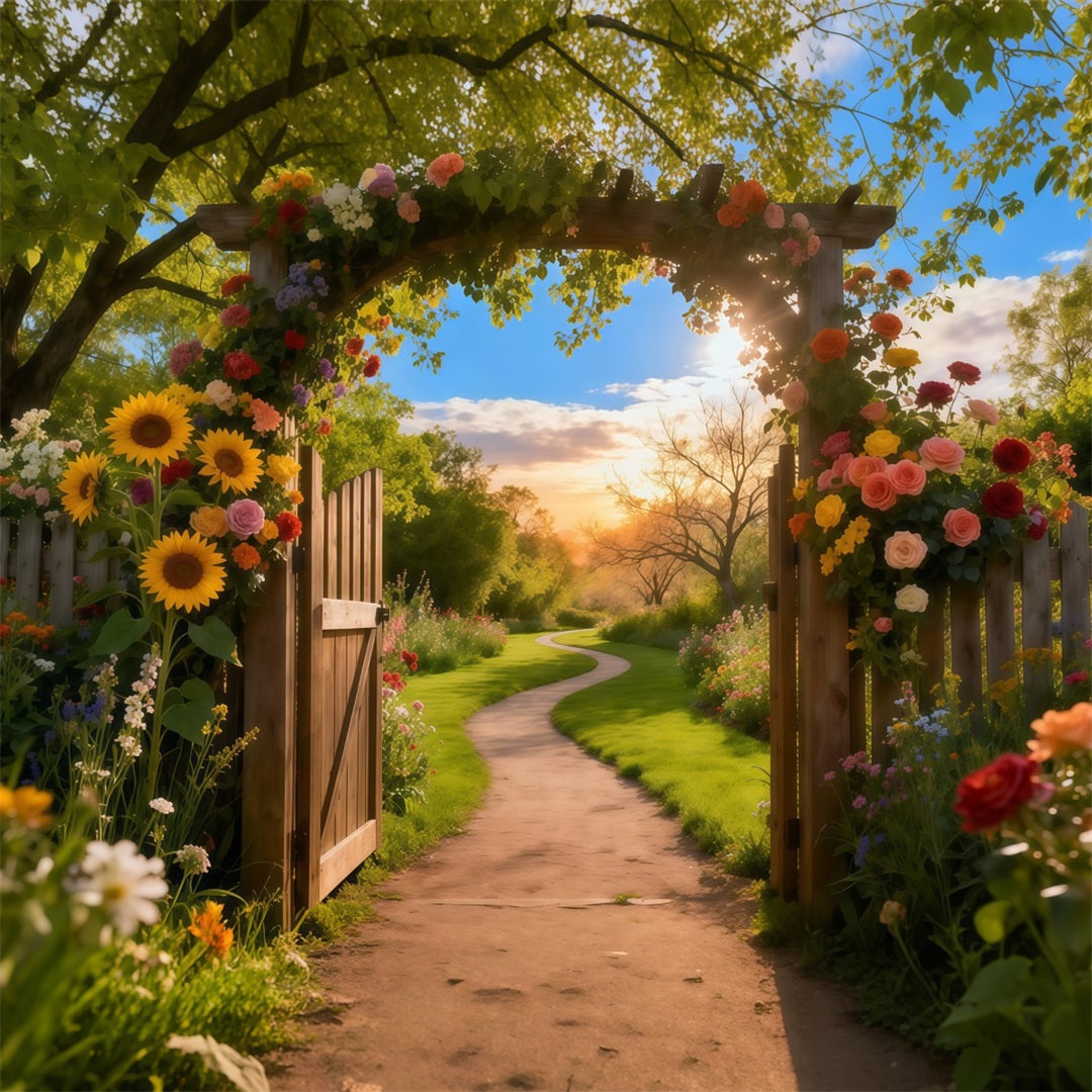 Garden Photo Backdrop Sunset Rustic Arch Door Pathway Floral Backdrops LXX61-180