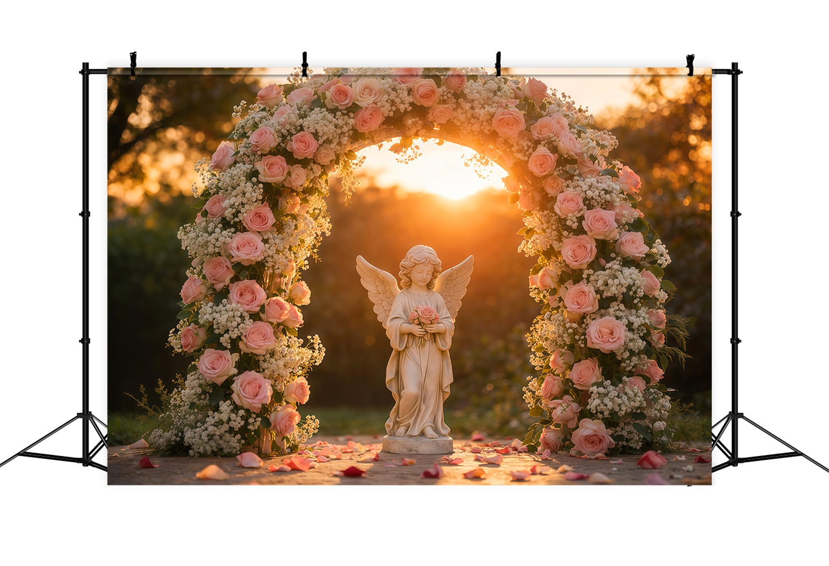 Garden Photo Backdrop Golden Hour Angel Roses Arch Floral Backdrops LXX61-182