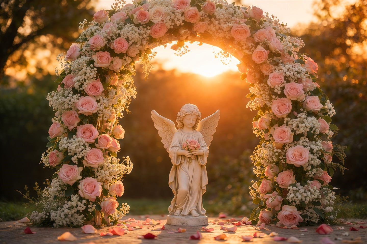 Garden Photo Backdrop Golden Hour Angel Roses Arch Floral Backdrops LXX61-182