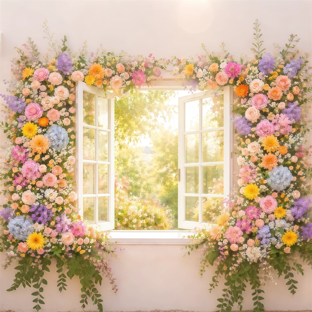 Wildflower Photo Backdrop Window Sunlit Garden Glow Floral Backdrops For Photography LXX61-183