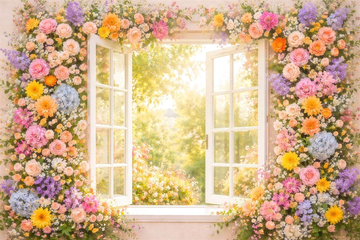 Wildflower Photo Backdrop Window Sunlit Garden Glow Floral Backdrops For Photography LXX61-183
