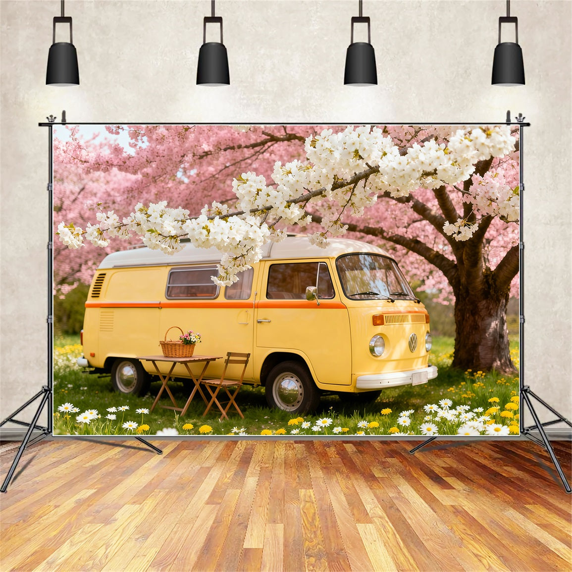 Wildflower Photo Backdrop Cherry Blossom Camper Picnic Floral Backdrops For Photography LXX61-184