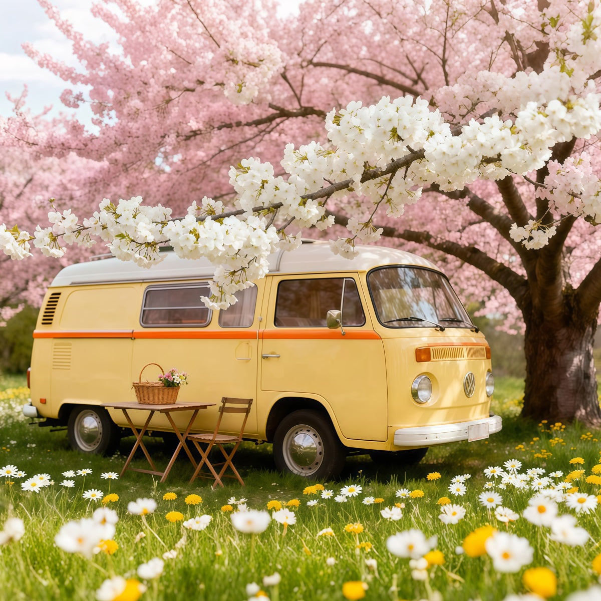 Wildflower Photo Backdrop Cherry Blossom Camper Picnic Floral Backdrops For Photography LXX61-184