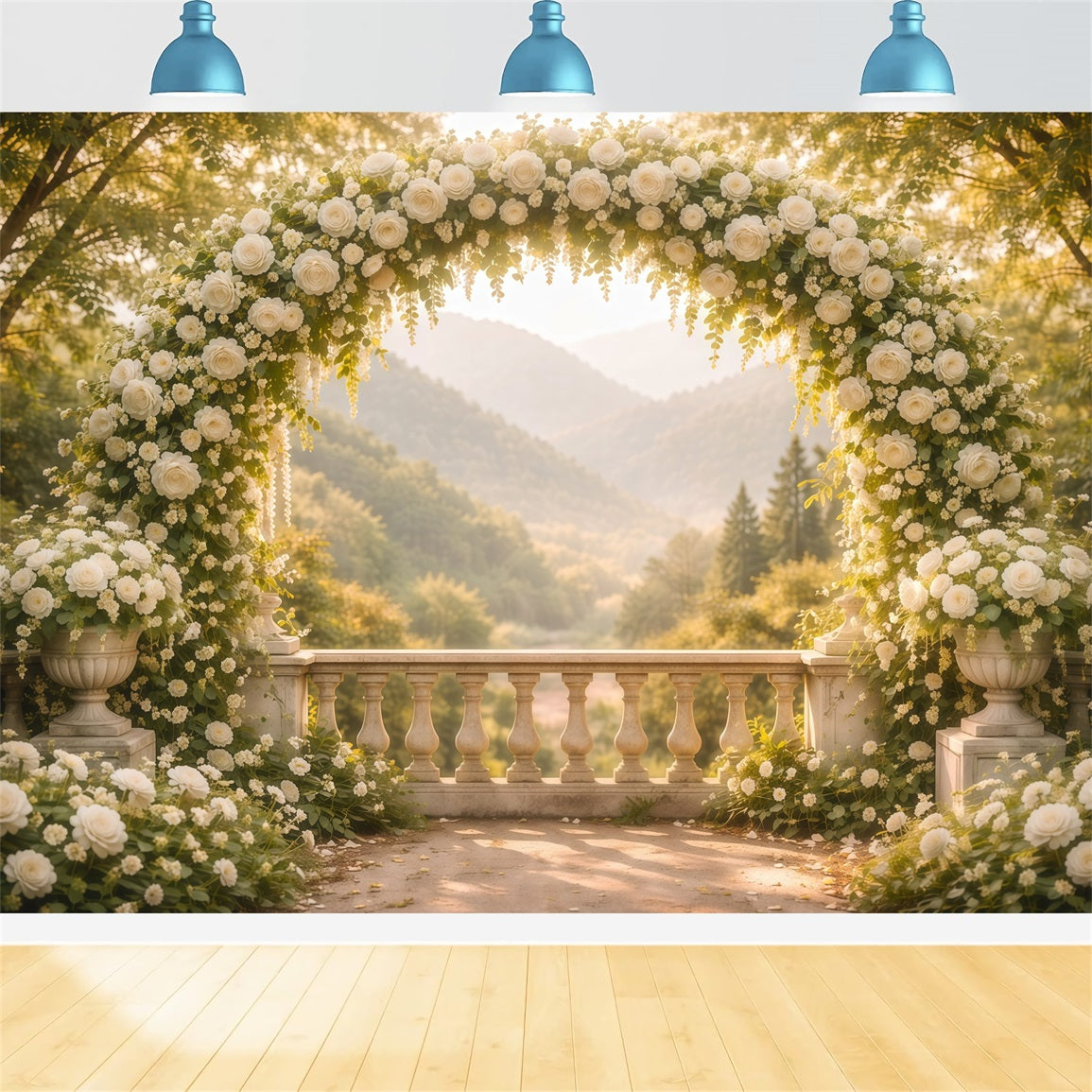 Flower Garden Backdrop White Arch Terrace Vista Floral Photography Backdrop LXX61-188
