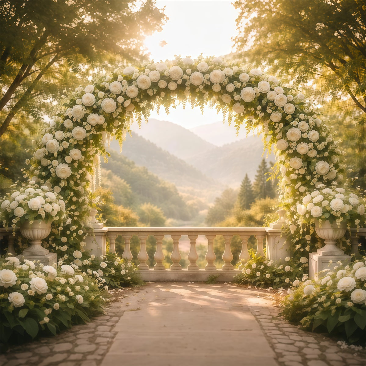 Flower Garden Backdrop White Arch Terrace Vista Floral Photography Backdrop LXX61-188