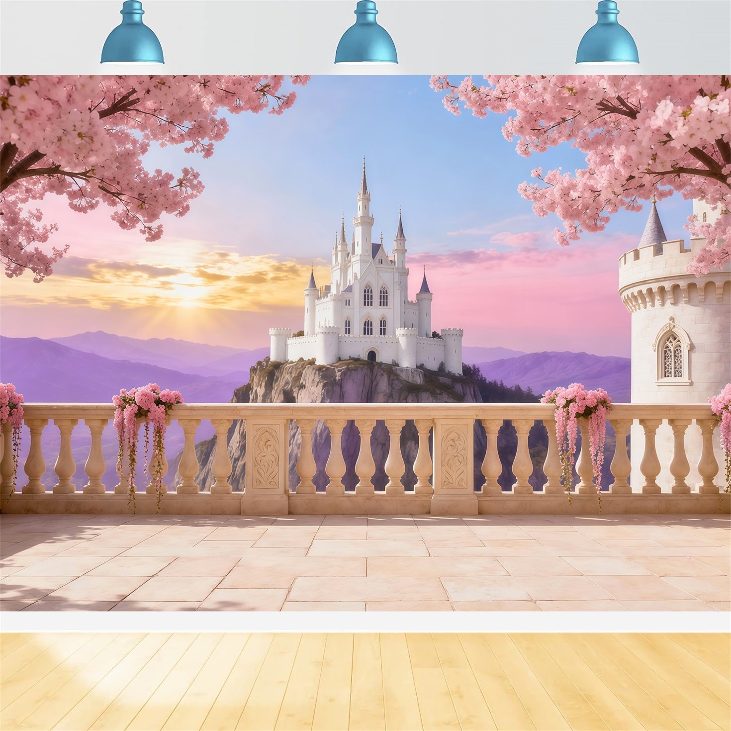 Cherry Blossom Photo Backdrop Castle Sunrise Terrace Floral Backdrop For Photography LXX61-191