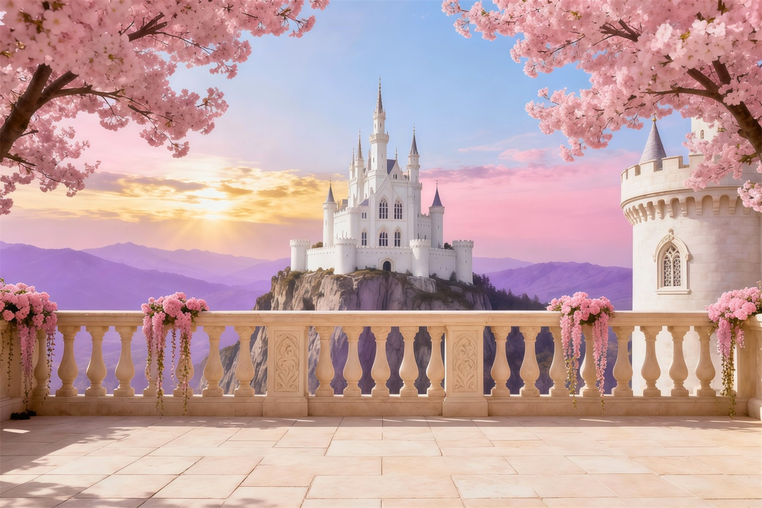 Cherry Blossom Photo Backdrop Castle Sunrise Terrace Floral Backdrop For Photography LXX61-191