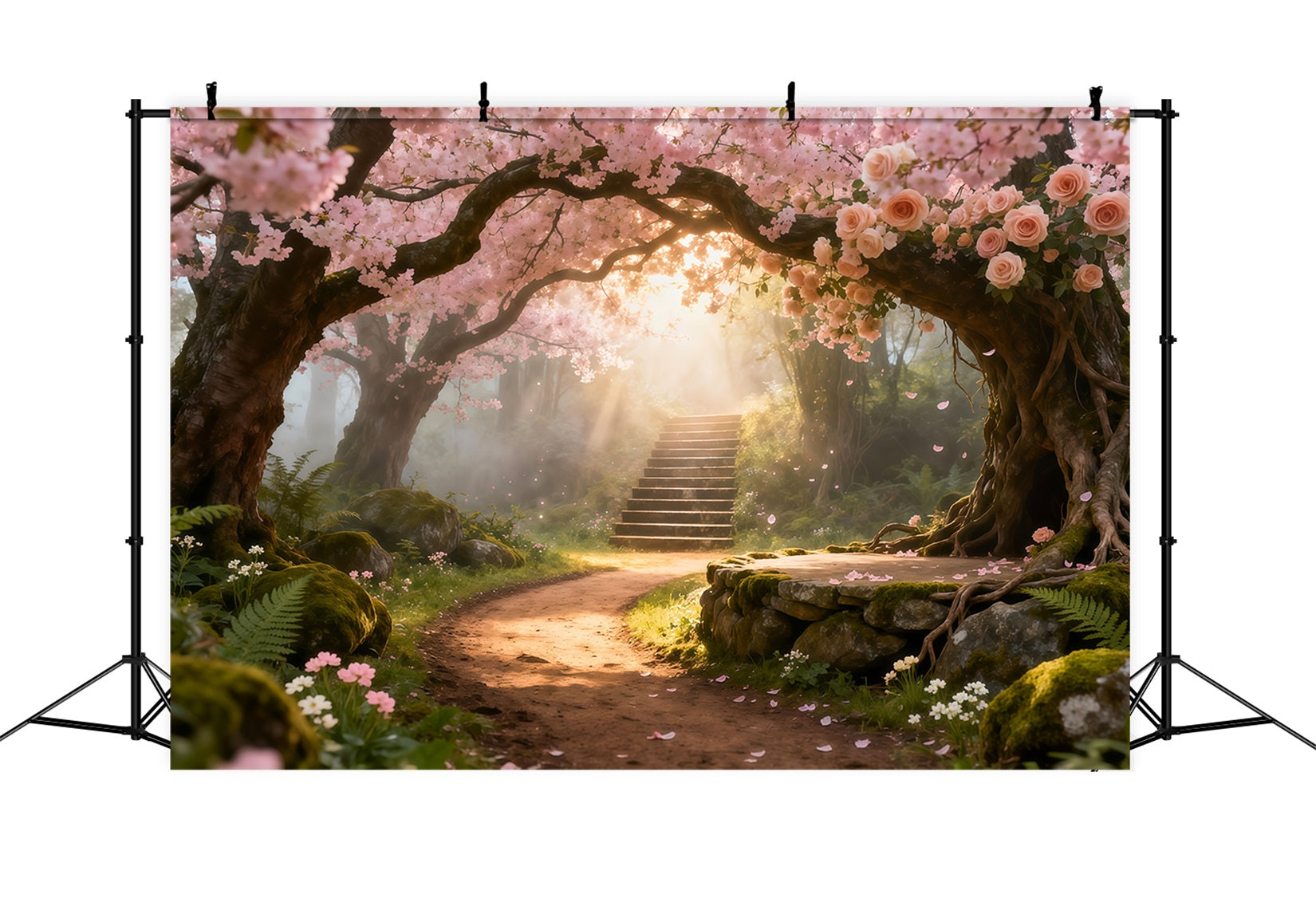 Cherry Blossom Photo Backdrop Flower Archway Sunlit Path Floral Backdrop For Photography LXX61-192