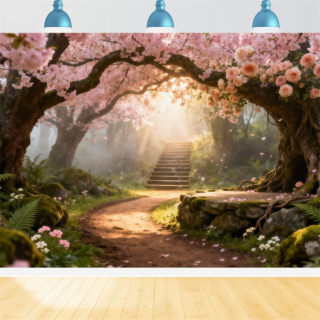 Cherry Blossom Photo Backdrop Flower Archway Sunlit Path Floral Backdrop For Photography LXX61-192