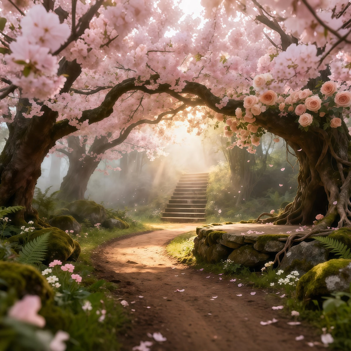 Cherry Blossom Photo Backdrop Flower Archway Sunlit Path Floral Backdrop For Photography LXX61-192
