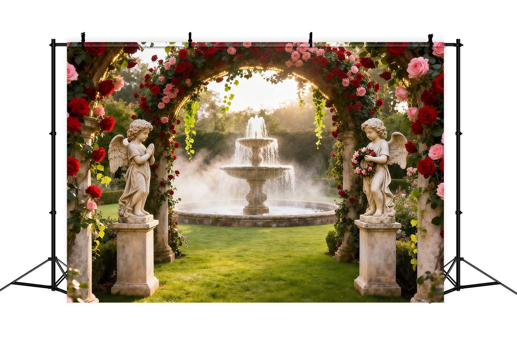 Rose Garden Backdrop Angel Fountain Flower Arch Photo Backdrop Floral LXX61-194