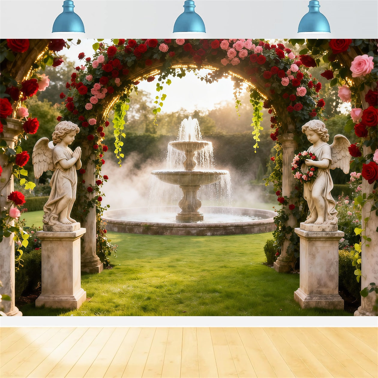 Rose Garden Backdrop Angel Fountain Flower Arch Photo Backdrop Floral LXX61-194