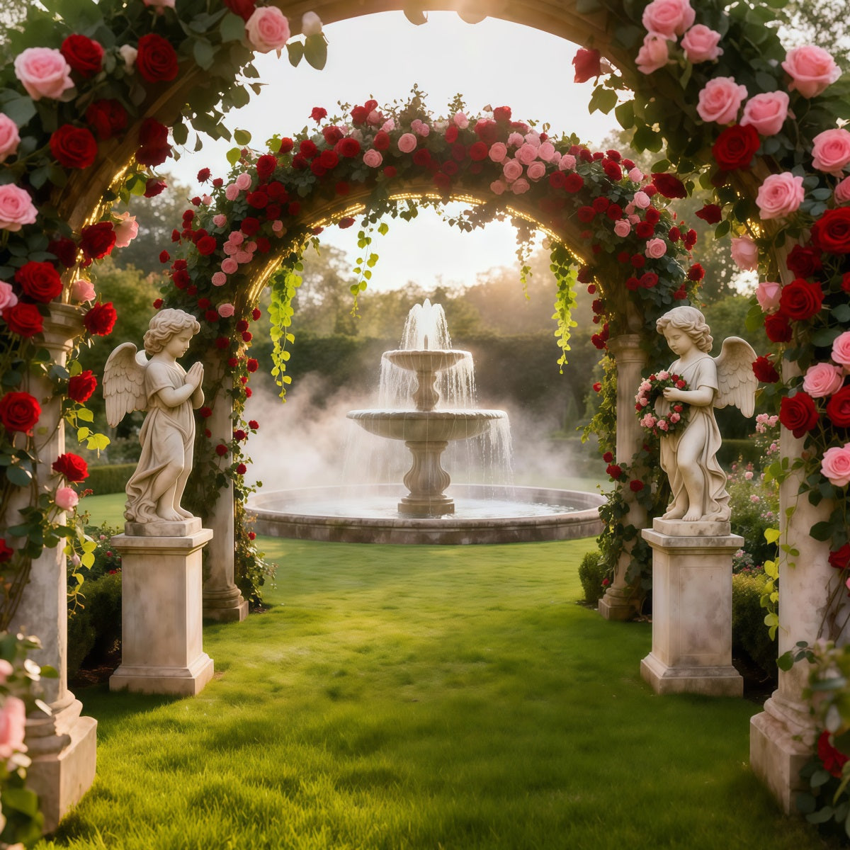 Rose Garden Backdrop Angel Fountain Flower Arch Photo Backdrop Floral LXX61-194