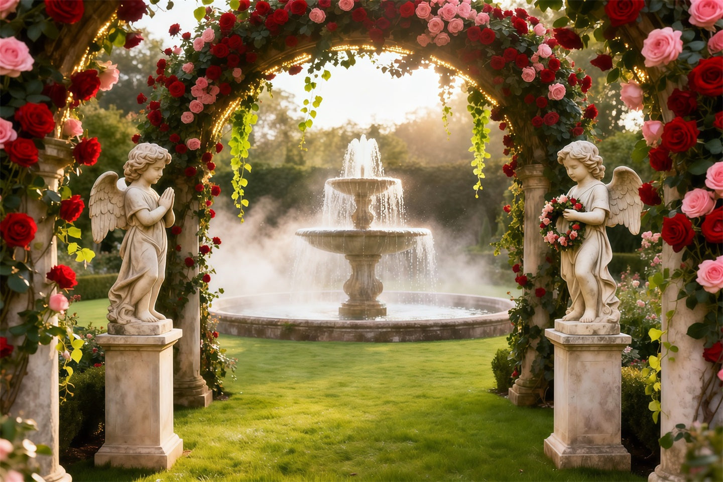 Rose Garden Backdrop Angel Fountain Flower Arch Photo Backdrop Floral LXX61-194