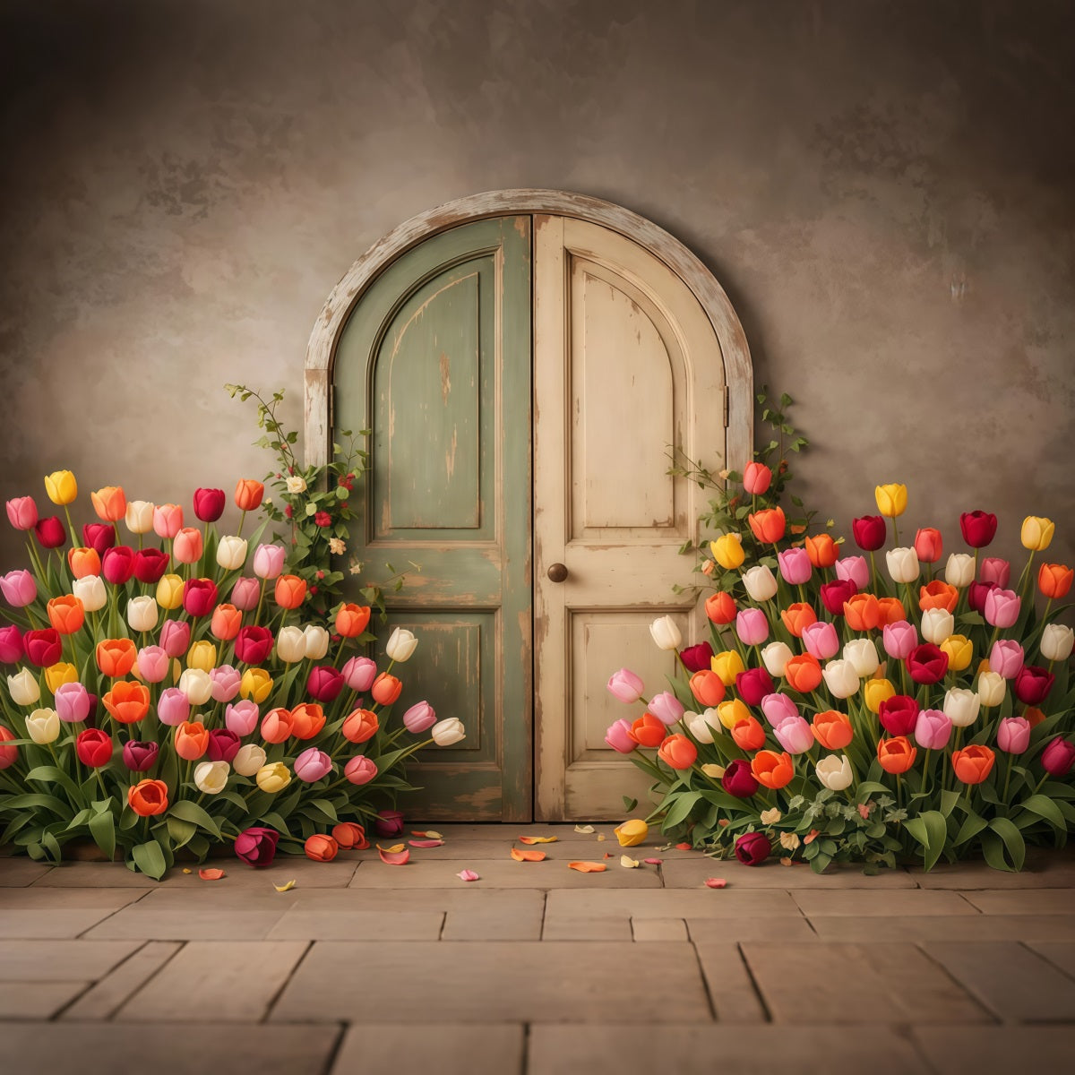 Tulip Backdrop Vintage Pastel Door Garden Floral Photo Backdrops LXX61