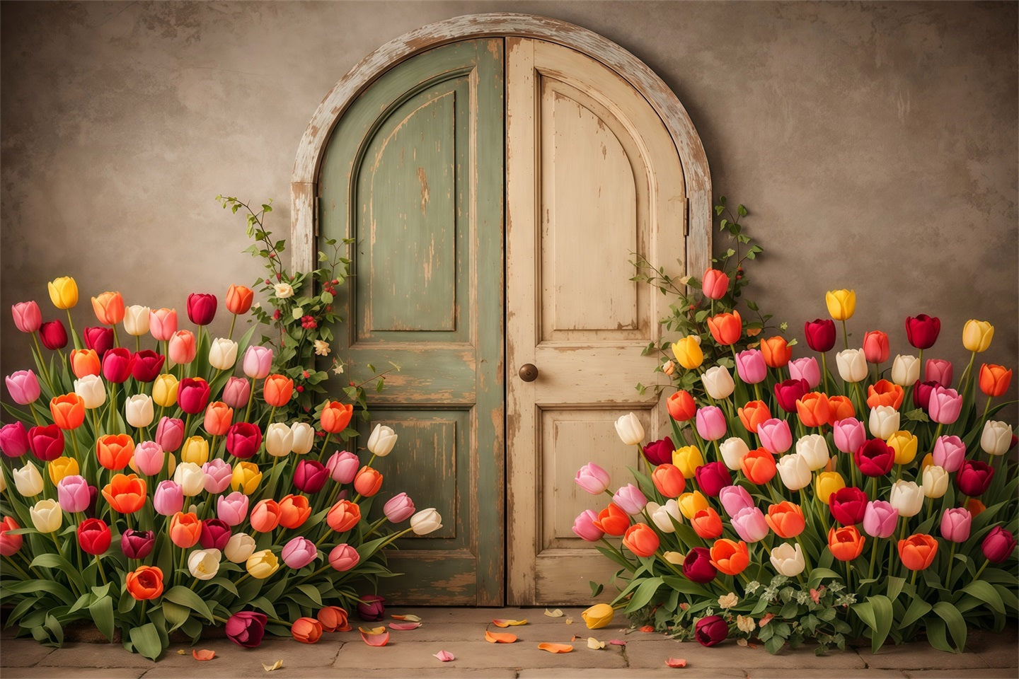 Tulip Backdrop Vintage Pastel Door Garden Floral Photo Backdrops LXX61-196