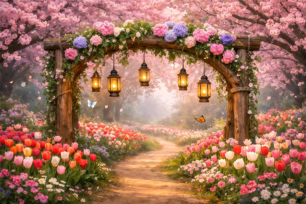 Cherry Blossom Backdrops Lantern Garden Pink Flower Path Backdrop Floral LXX61-202