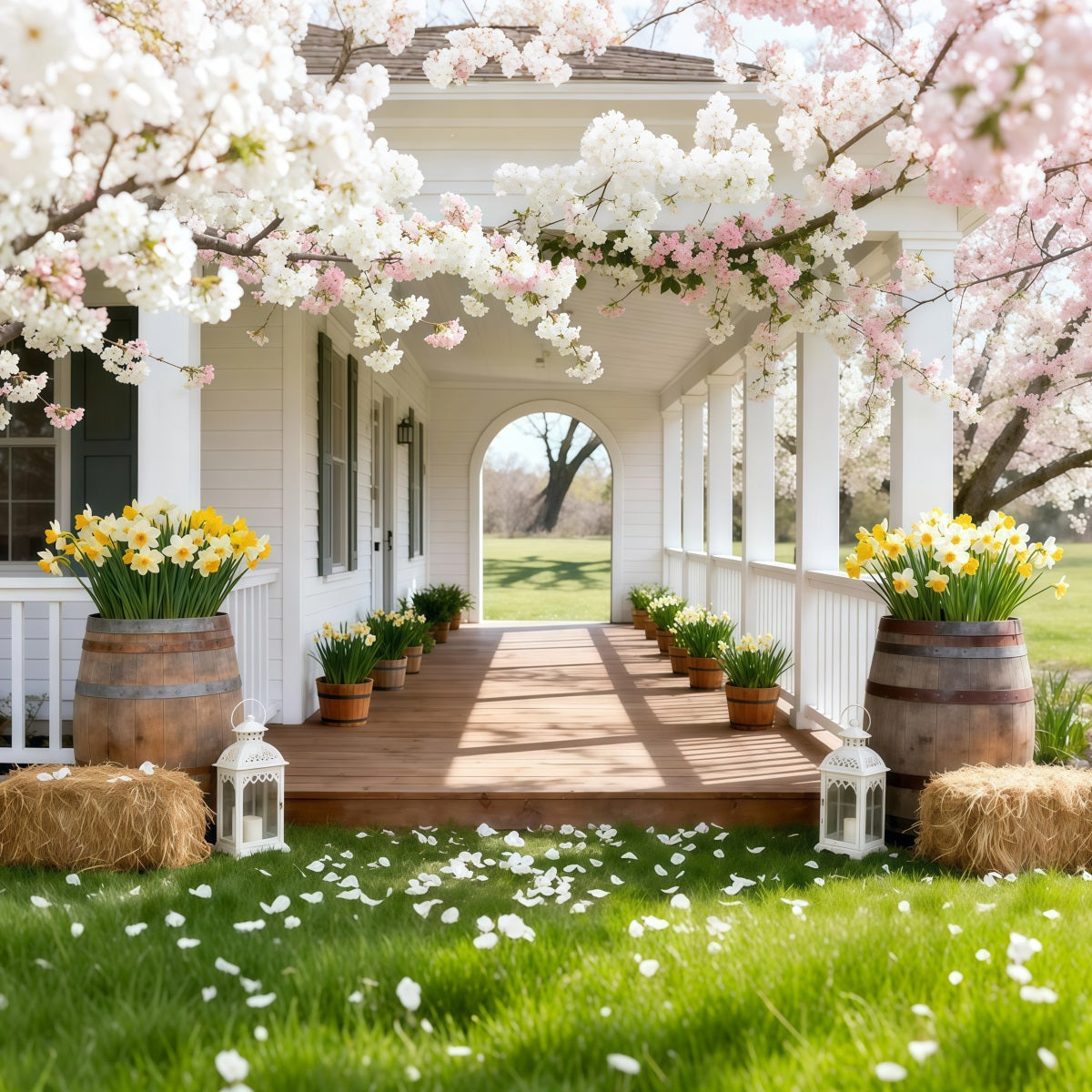Daffodil Backdrop Cherry Blossom Porch Walkway Floral Backdrop For Photos LXX61-203