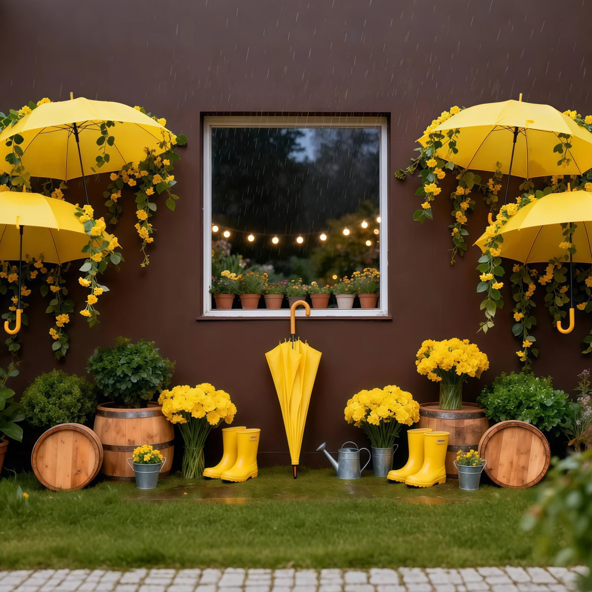 Daffodil Backdrop Rainy Yellow Umbrella Garden Floral Backdrop For Photos LXX61-204