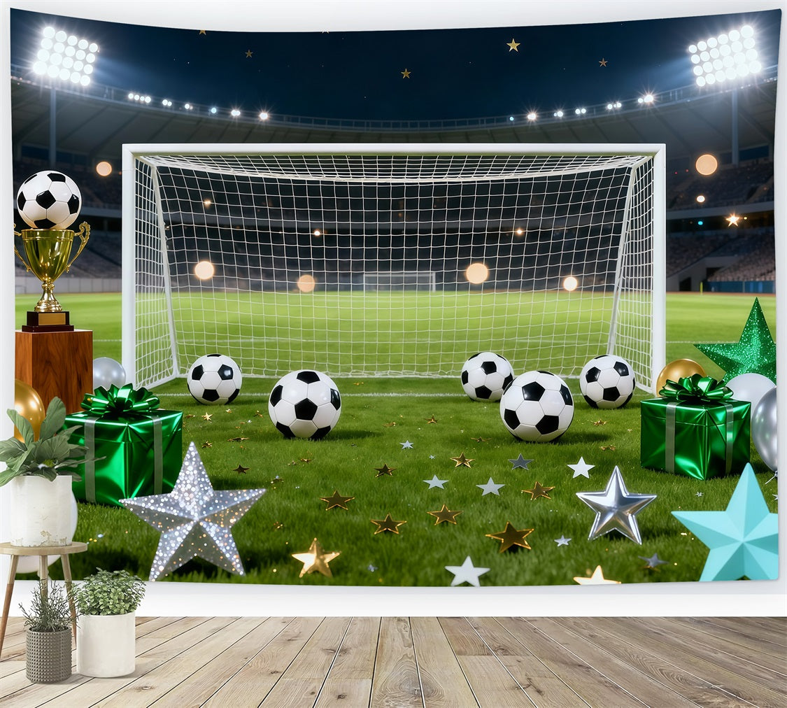 Football Stadium Backdrop Starlit Goal Trophy Celebration Sports Theme Backdrop LXX61-228