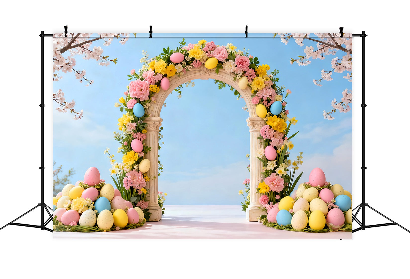 Easter Egg Backdrop Spring Cherry Floral Archway Photography Backdrops Easter LXX61-36