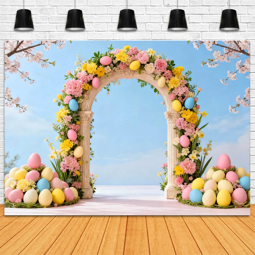 Easter Egg Backdrop Spring Cherry Floral Archway Photography Backdrops Easter LXX61-36